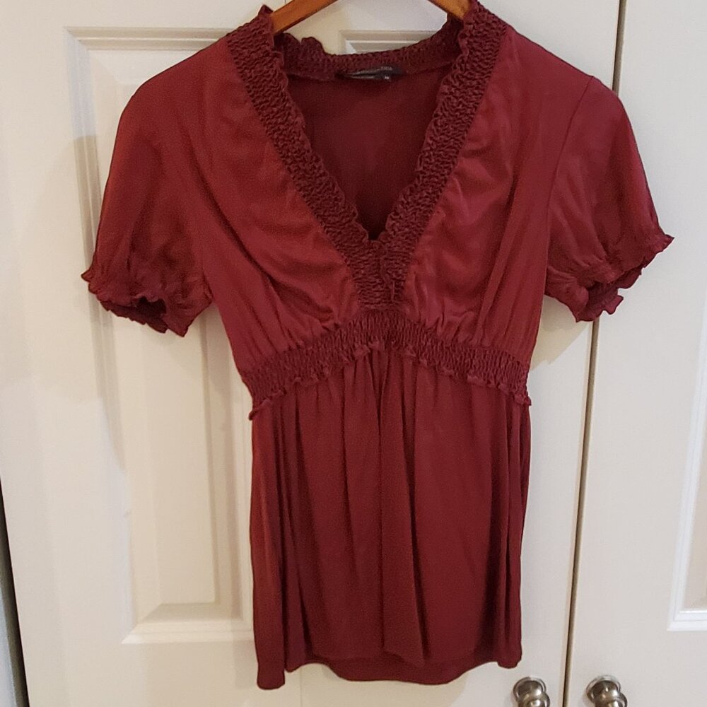 BCBG Maxazria burgundy babydoll silk blouse XS